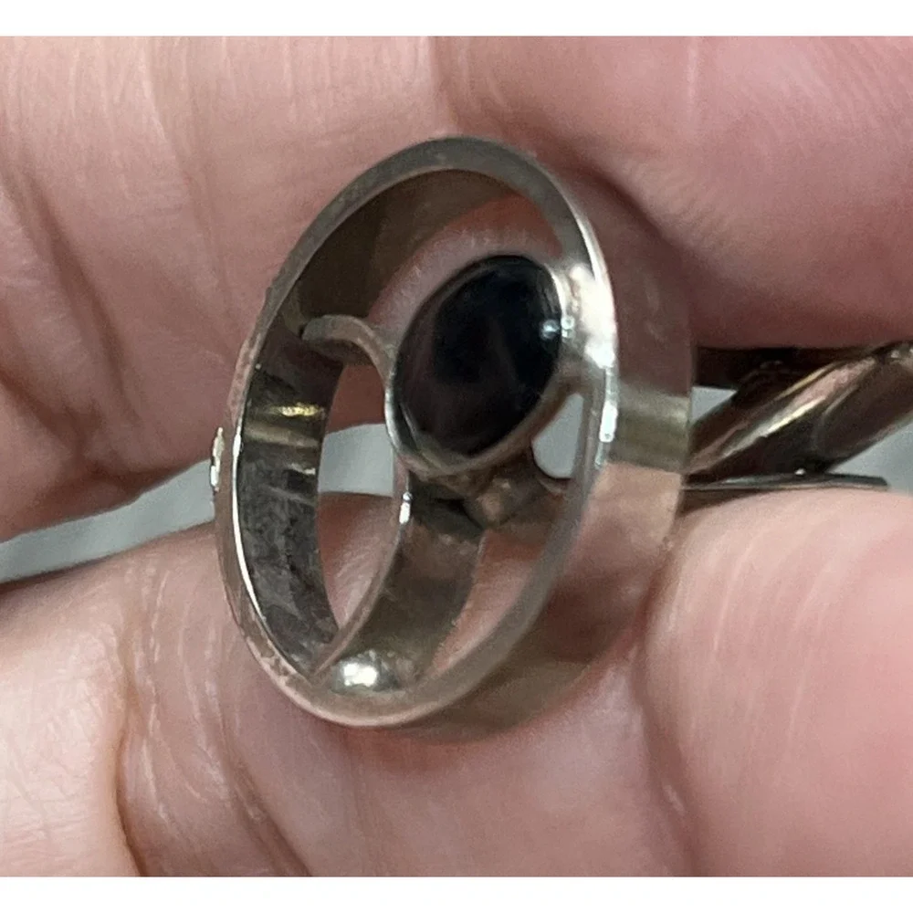 Silver Tone Round Cufflinks Mens‎ Black Cabochon Stone Modernist Design Pair